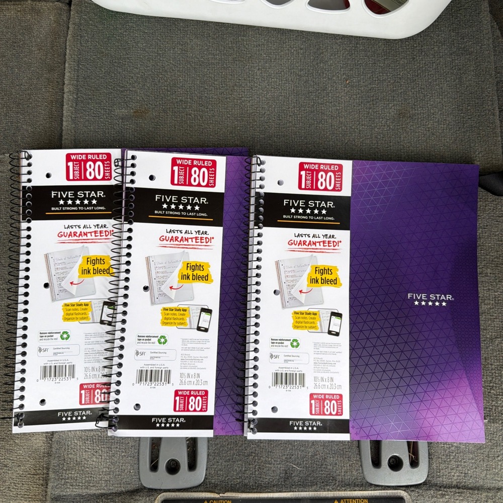 Lot of 3 Five Star 1 Subject Spiral Notebooks Wide Ruled 80 Sheets Purple